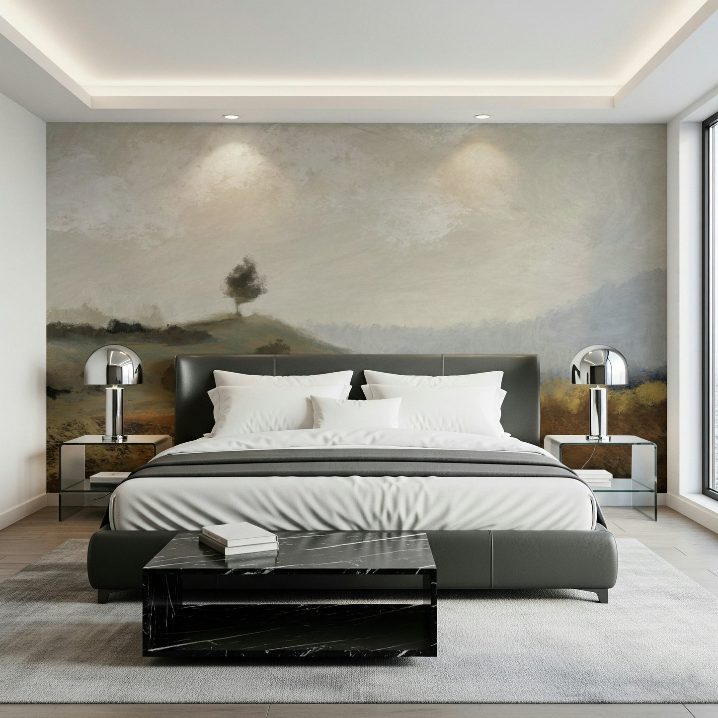 A peaceful modern abstract mural on decorative wallpaper.