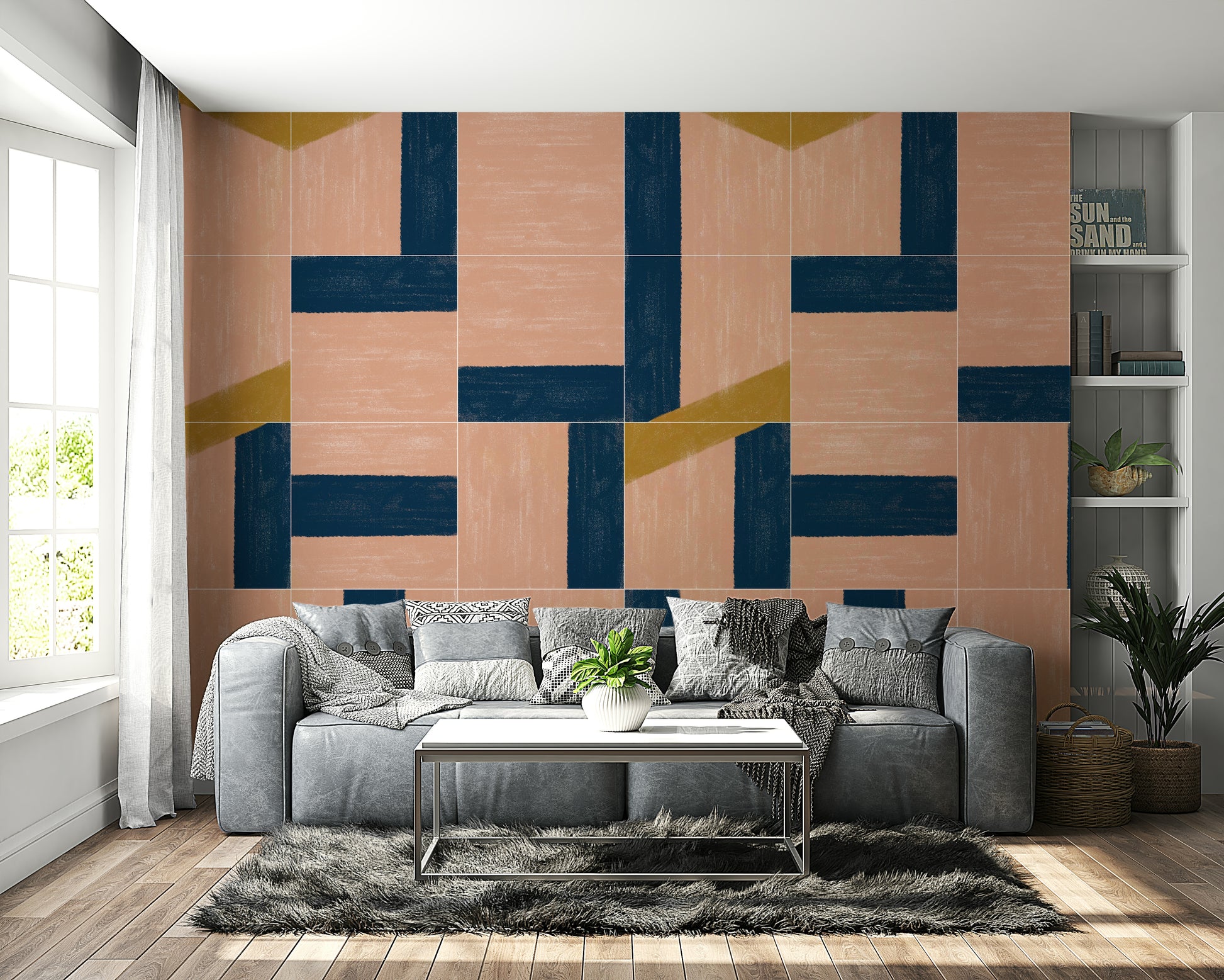 Mixed motif wall mural with tiles
