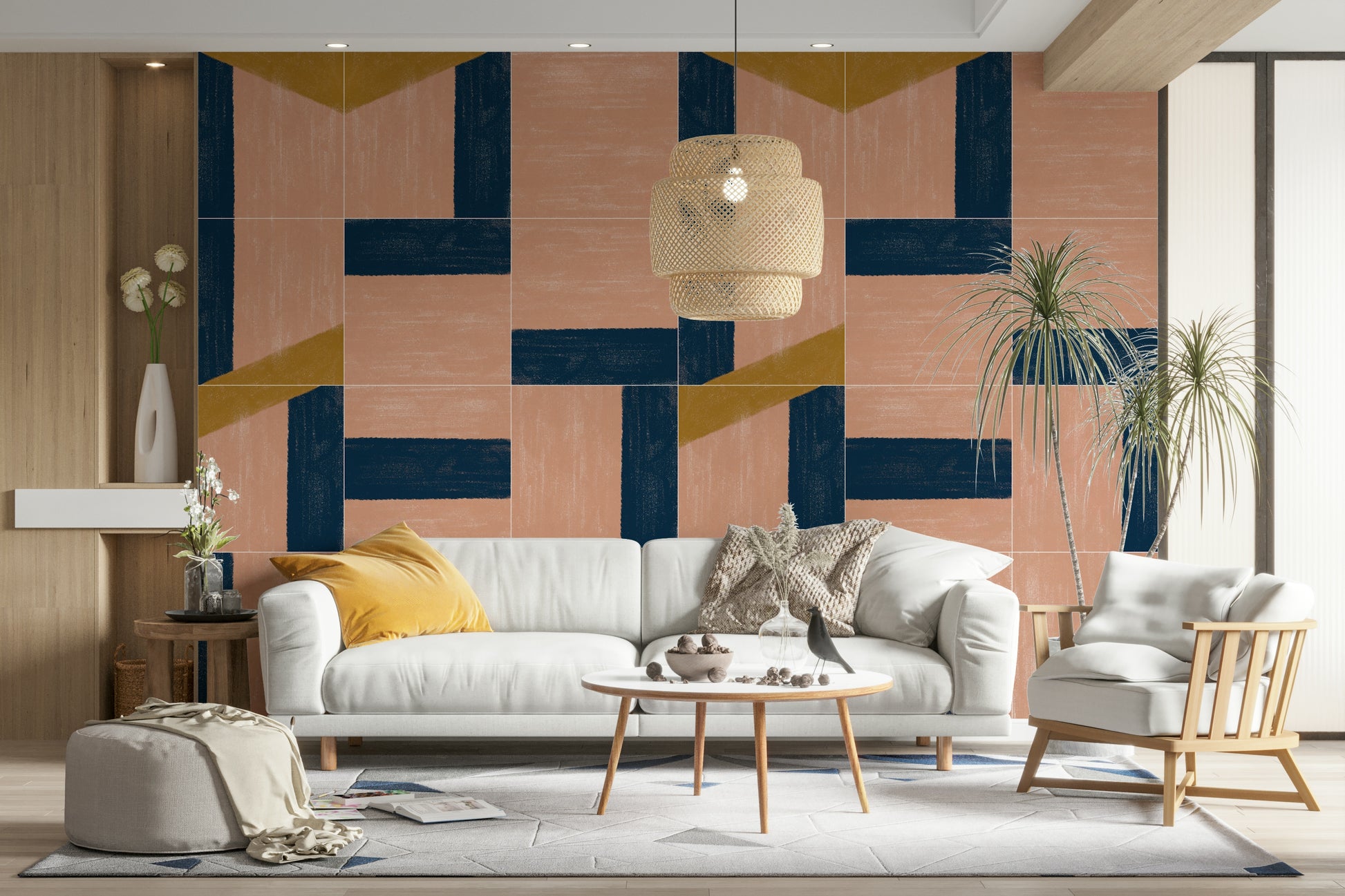 Patchwork tile pattern wall design
