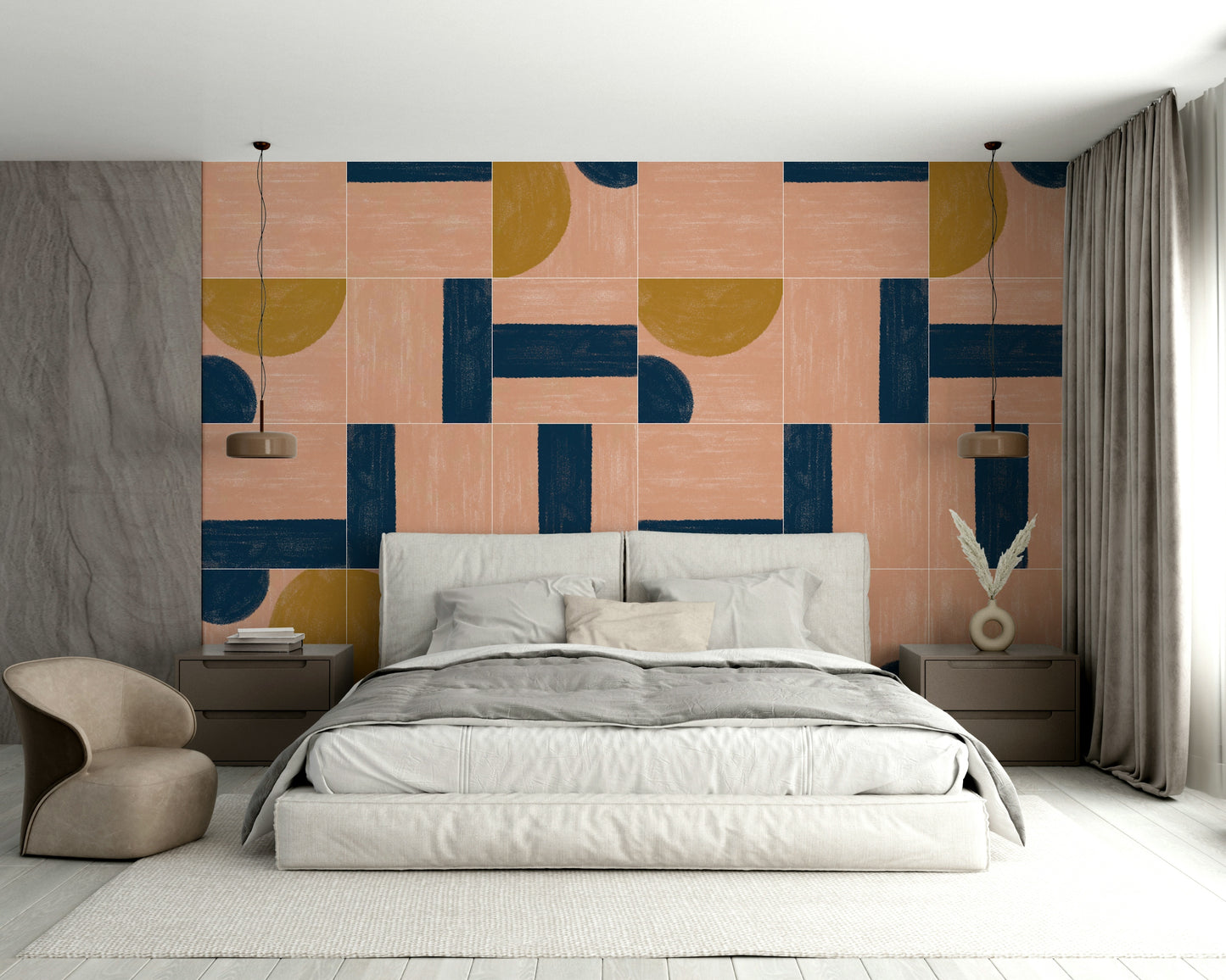 Muted ceramic tile-inspired wall design
