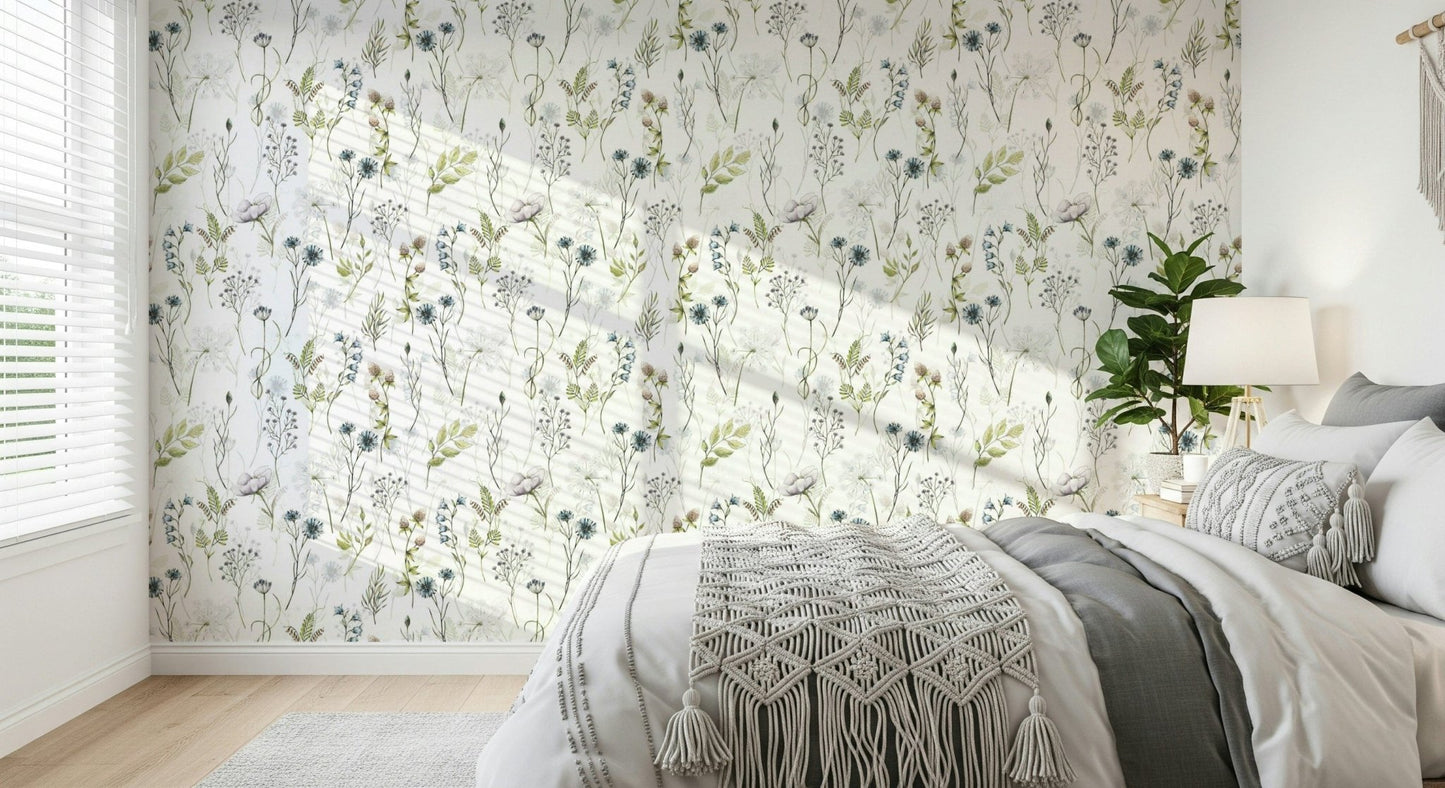 Hand-painted Painted Watercolor Meadow Blooms wallpaper for walls clover