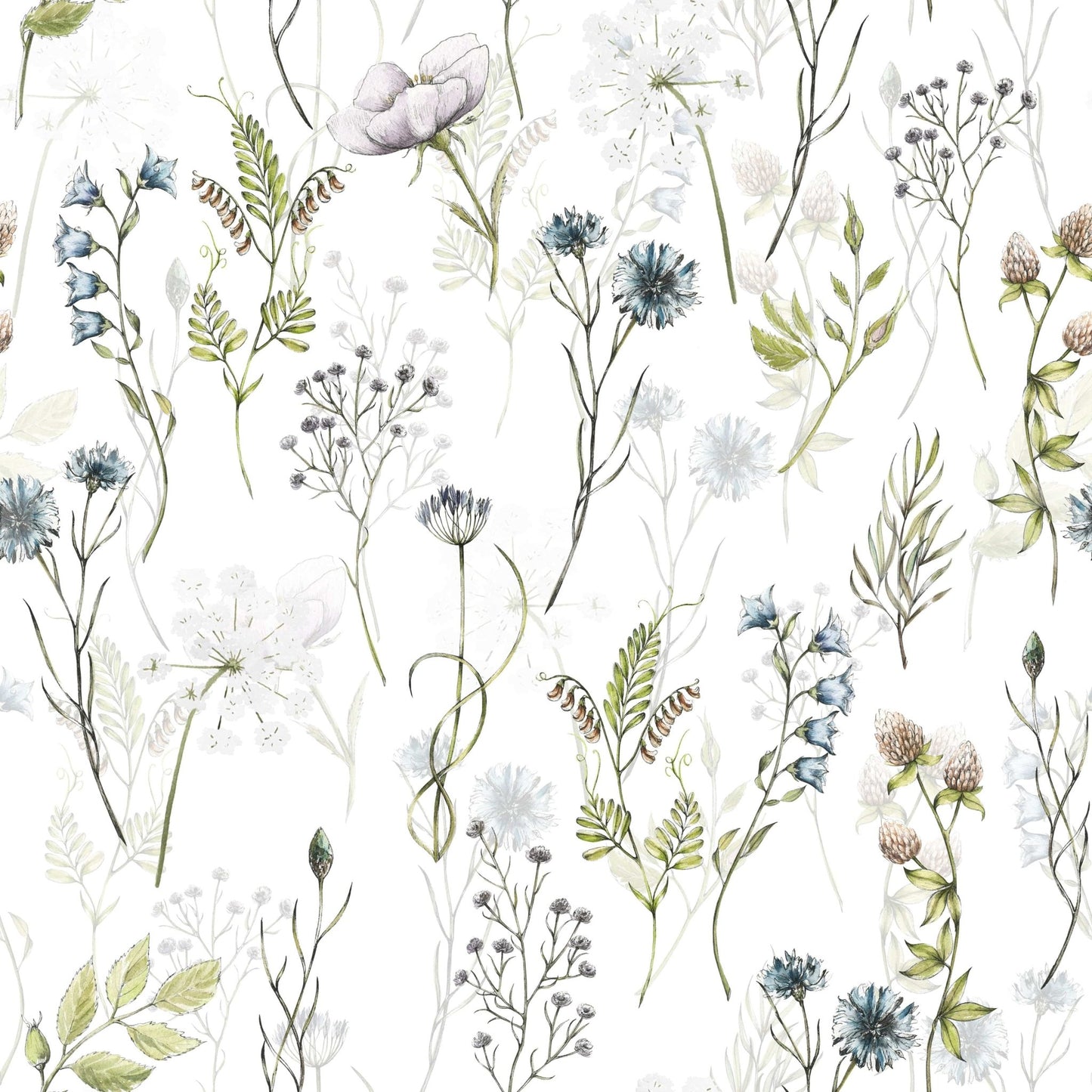 Whimsical Painted Watercolor Meadow Blooms peel stick wallpaper greenery