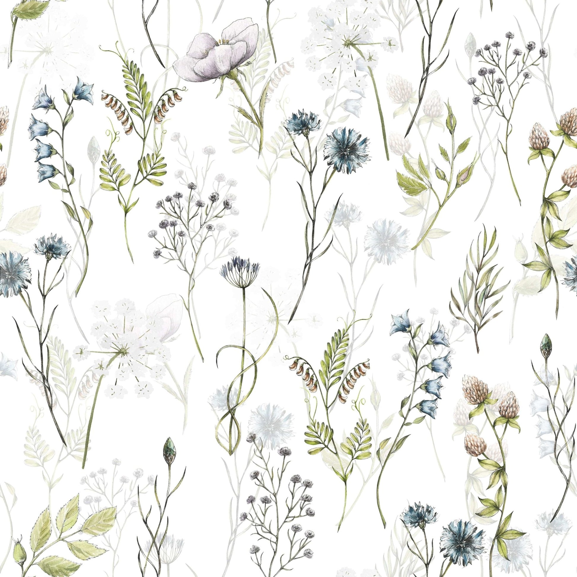 Whimsical Painted Watercolor Meadow Blooms peel stick wallpaper greenery