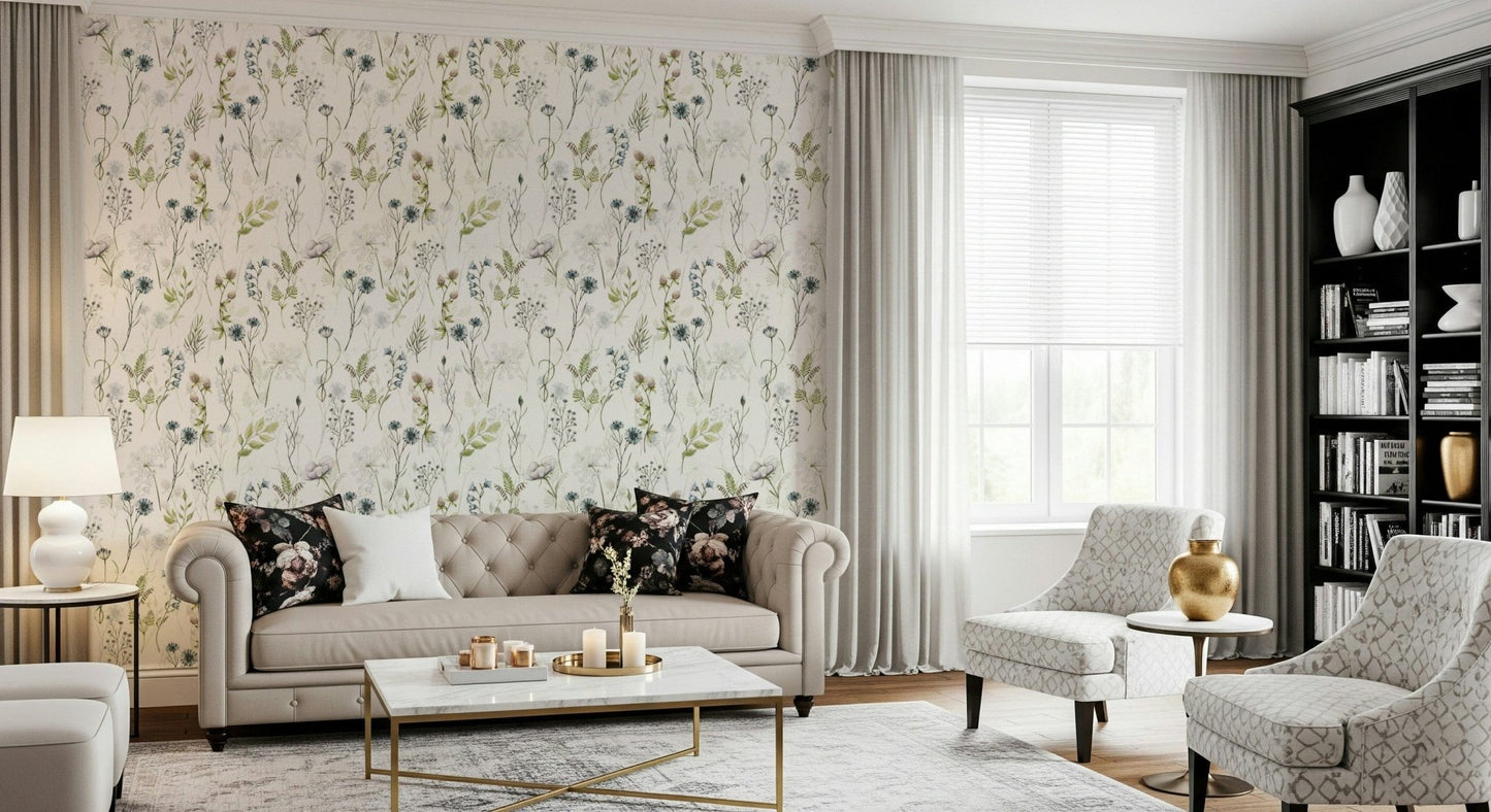 Delicate meadow blooms painted watercolor wallpaper mural wildflower