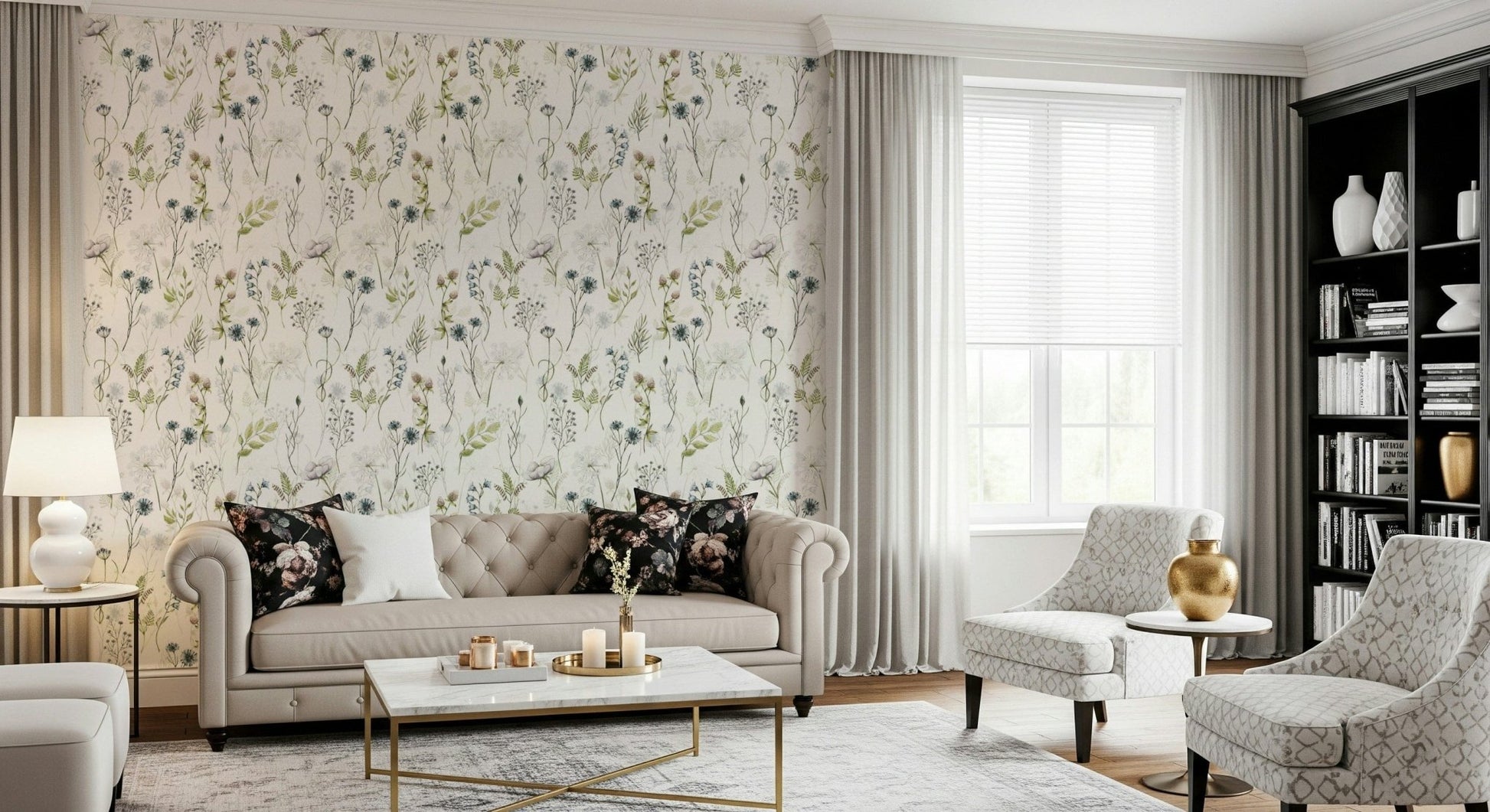 Delicate meadow blooms painted watercolor wallpaper mural wildflower