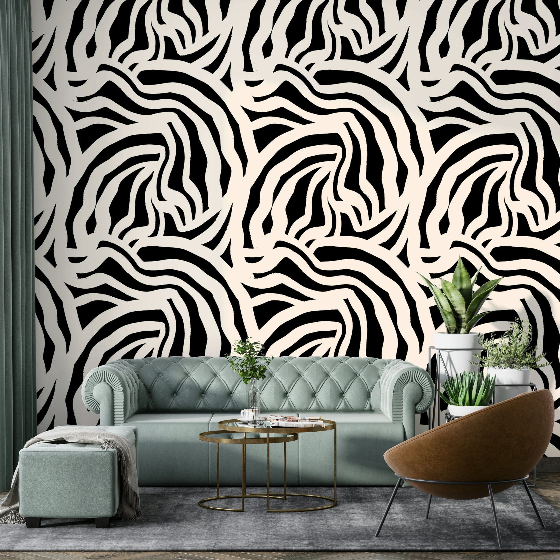 A playroom decorated with wavy lines wallpaper

