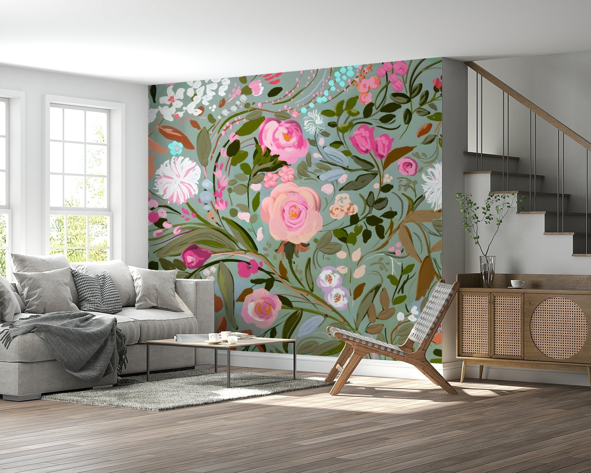 A contemplative floral pattern wallpaper mural for a feature wall.