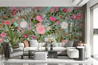 A peaceful flower design mural on decorative wallpaper.