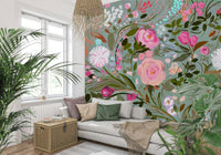 A beautiful painterly floral wallpaper mural with soft brushstrokes.