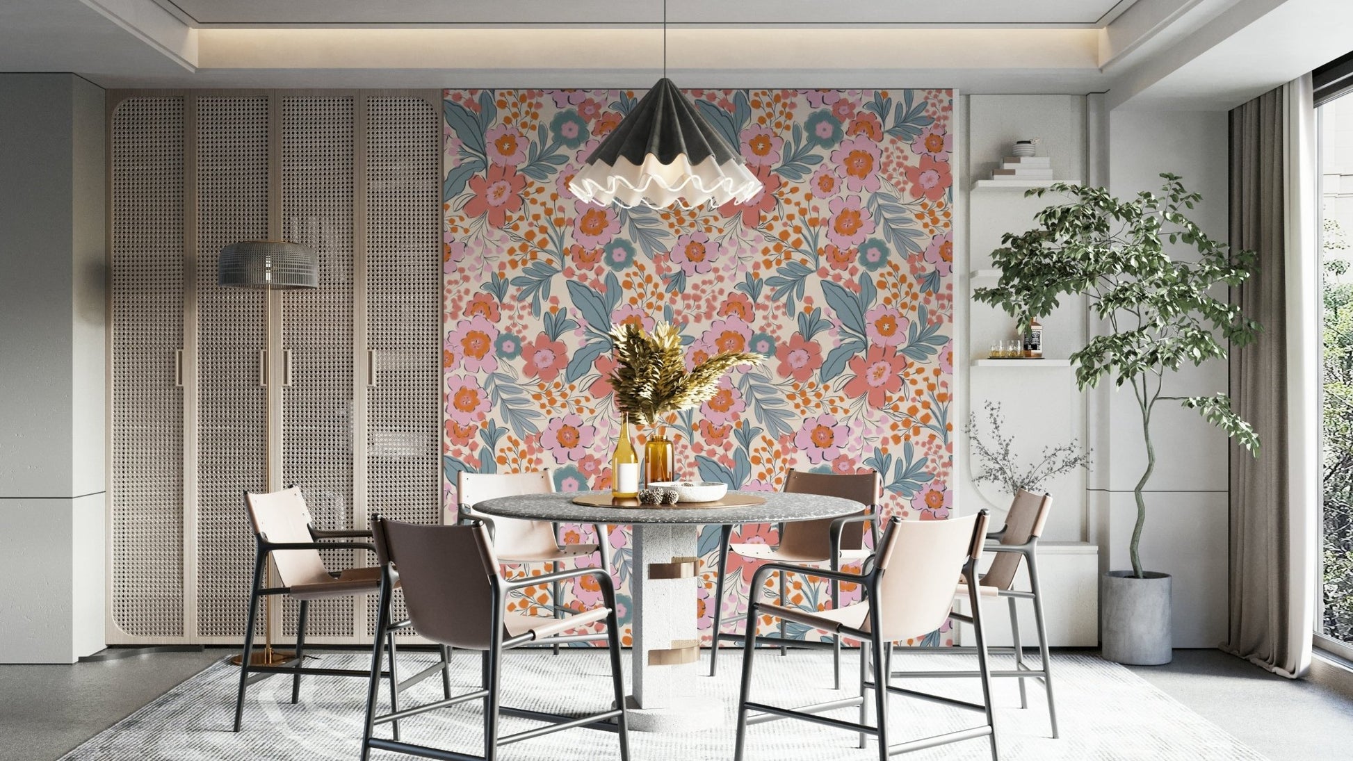 A wallpaper design with a floral painting.


