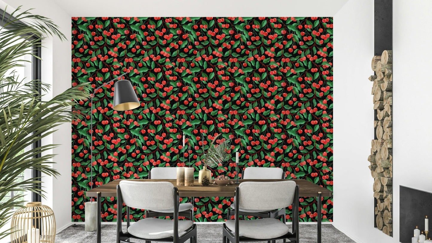 Painterly Cherries Black Wallpaper⁠