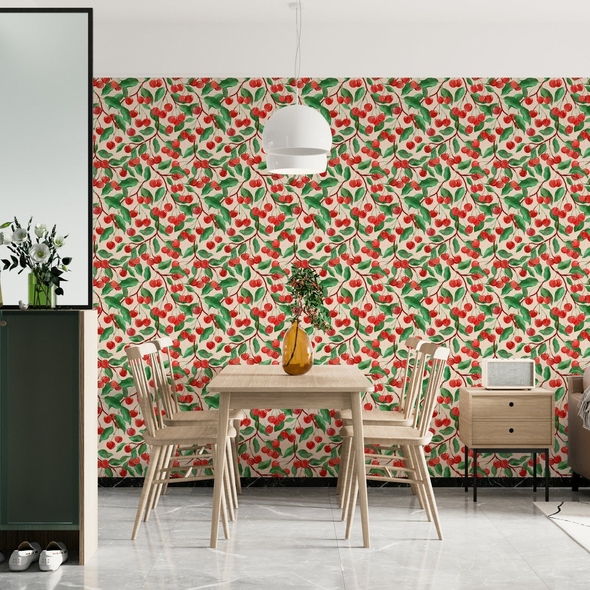 Hand-painted cherry and leaf wallpaper pattern

