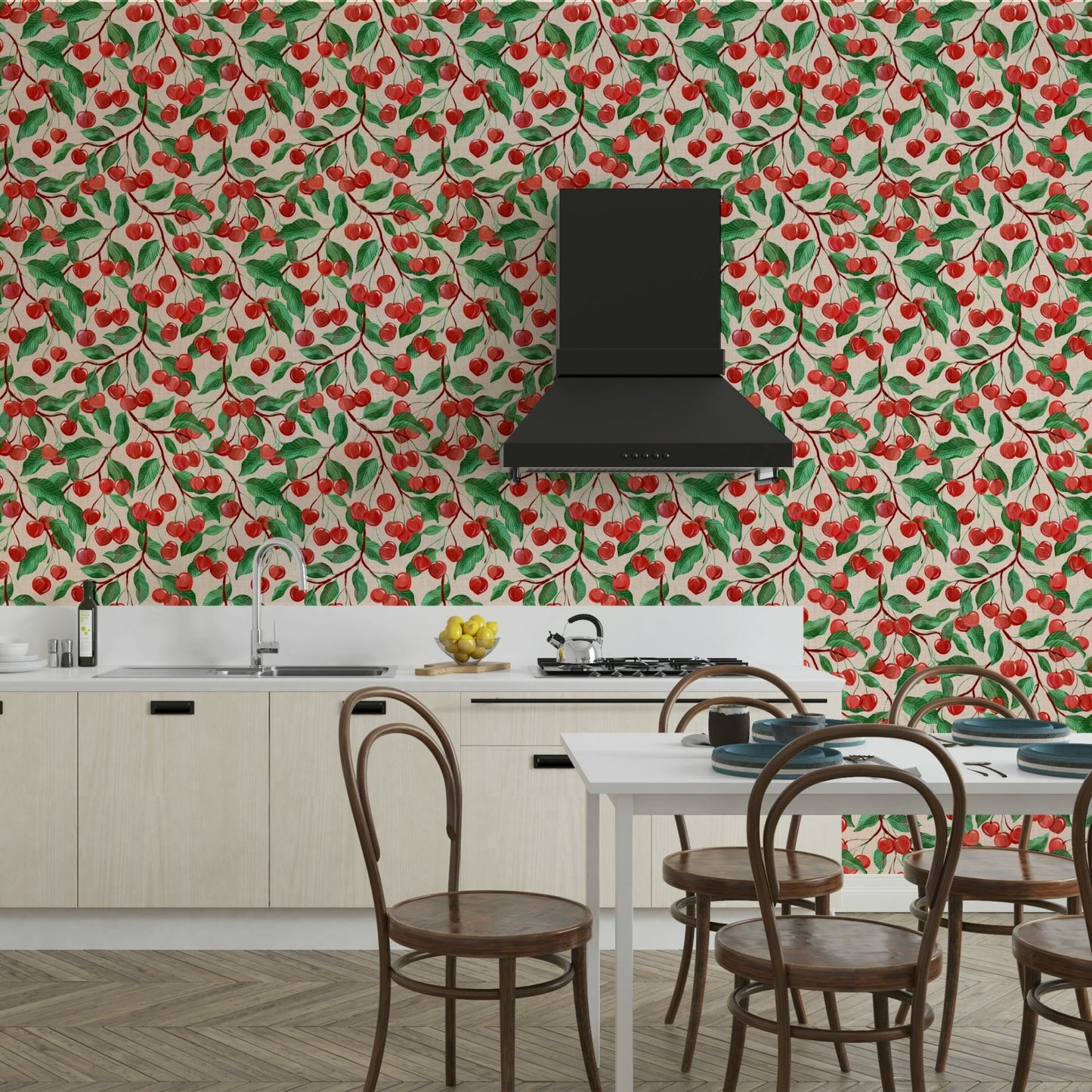 Wallpaper mural with painterly cherries

