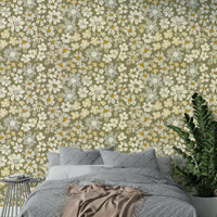 Delicate hues of cream, soft yellow, and subtle greens.

