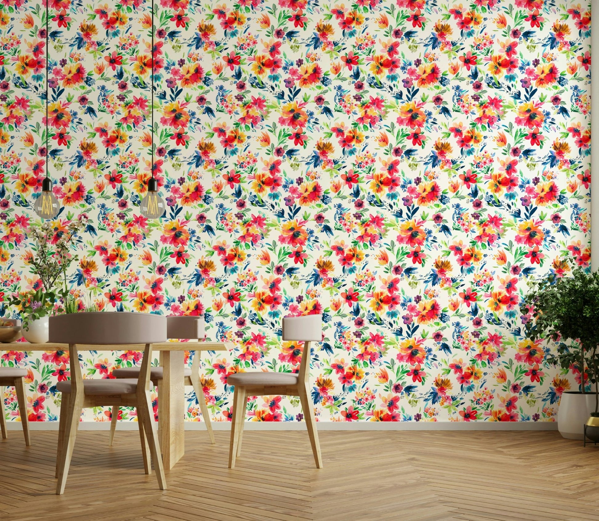 Floral mural wallpaper with red blooms

