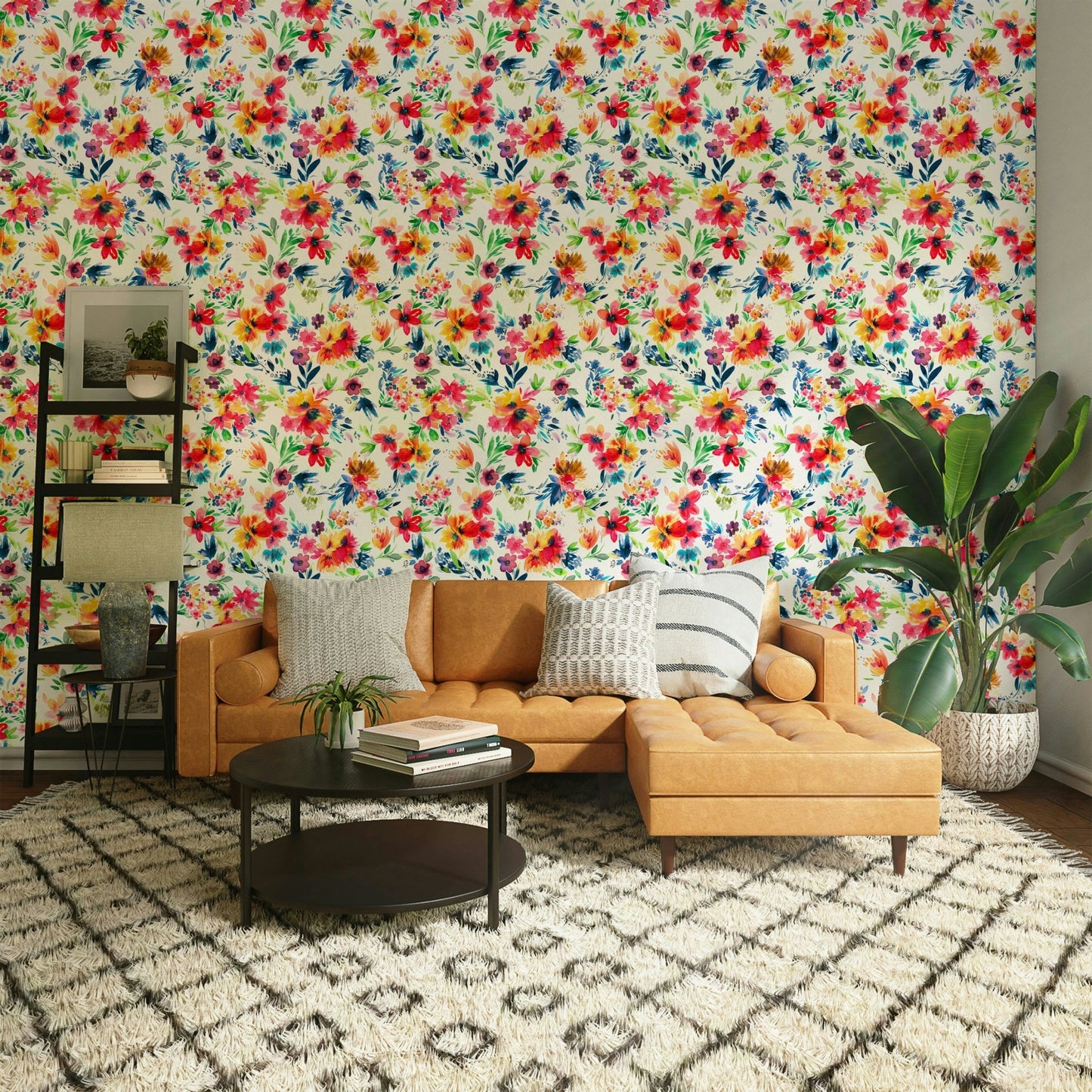 Red floral wall mural with tropical leaves

