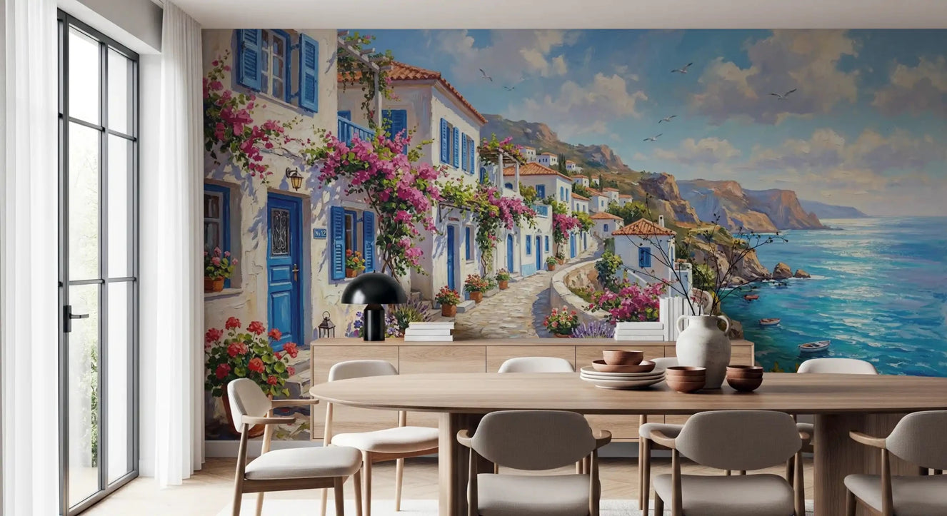 Dining room Painterly Greek Isle wall mural with blue shutters and sea view