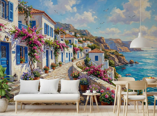 Dining area Greek Isle Escape wall mural with coastal homes and pink flowers