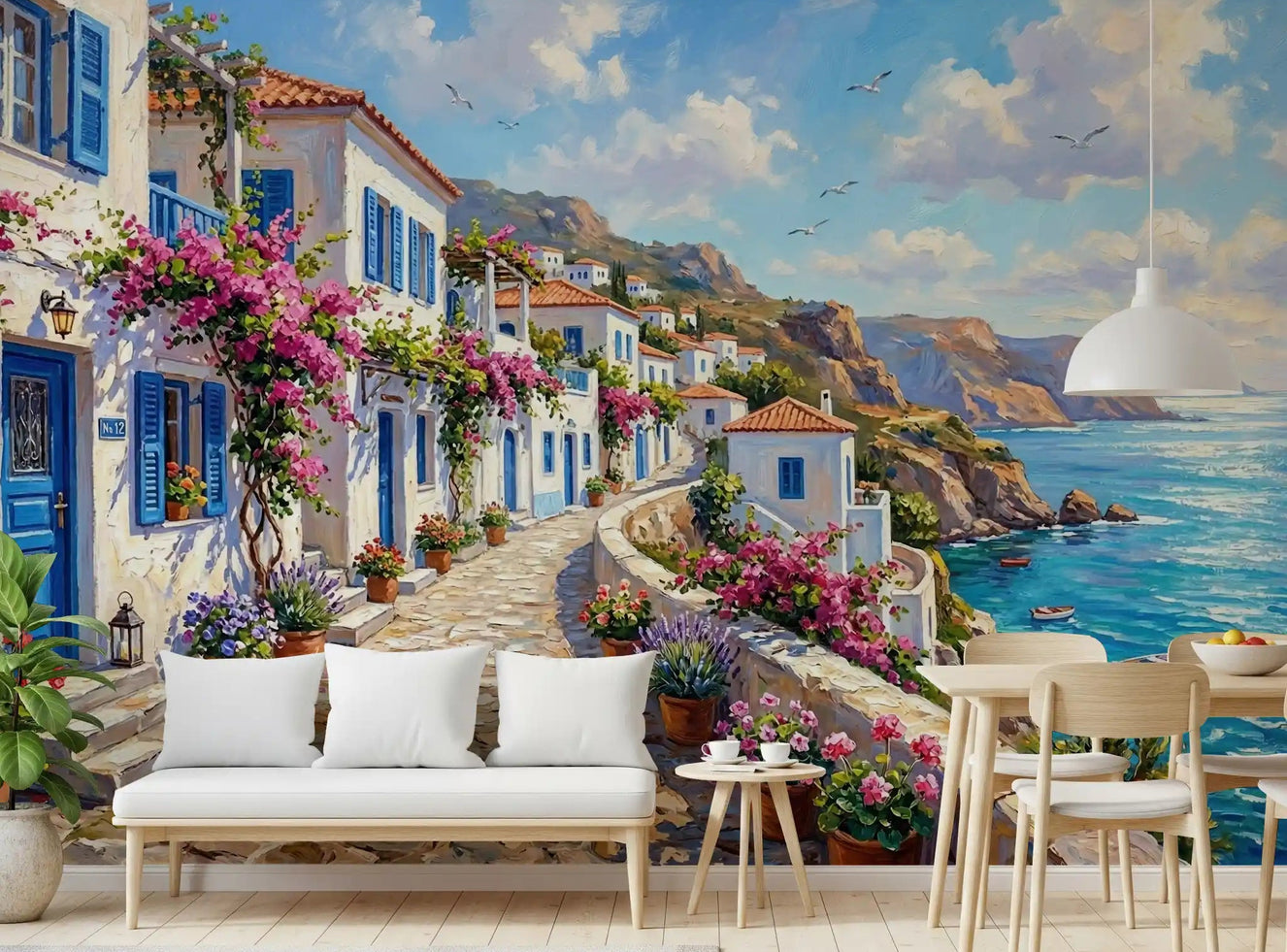Dining area Greek Isle Escape wall mural with coastal homes and pink flowers