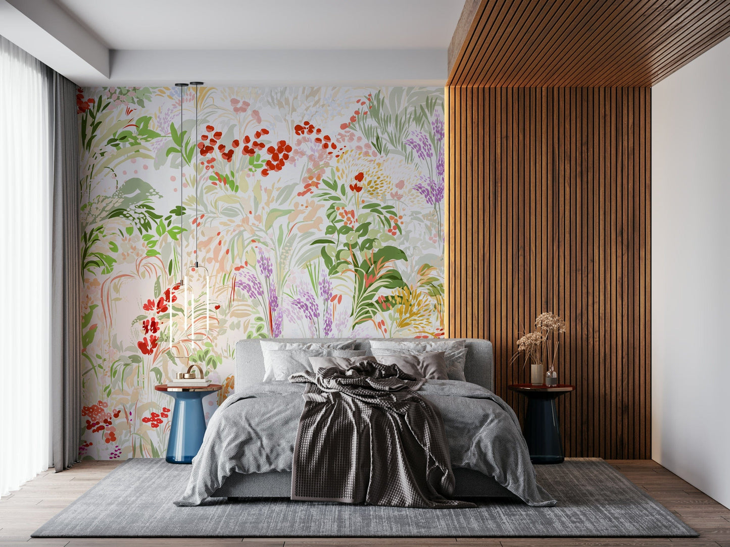 Sun-drenched rambling floral vista  Meadow wallpaper mural.