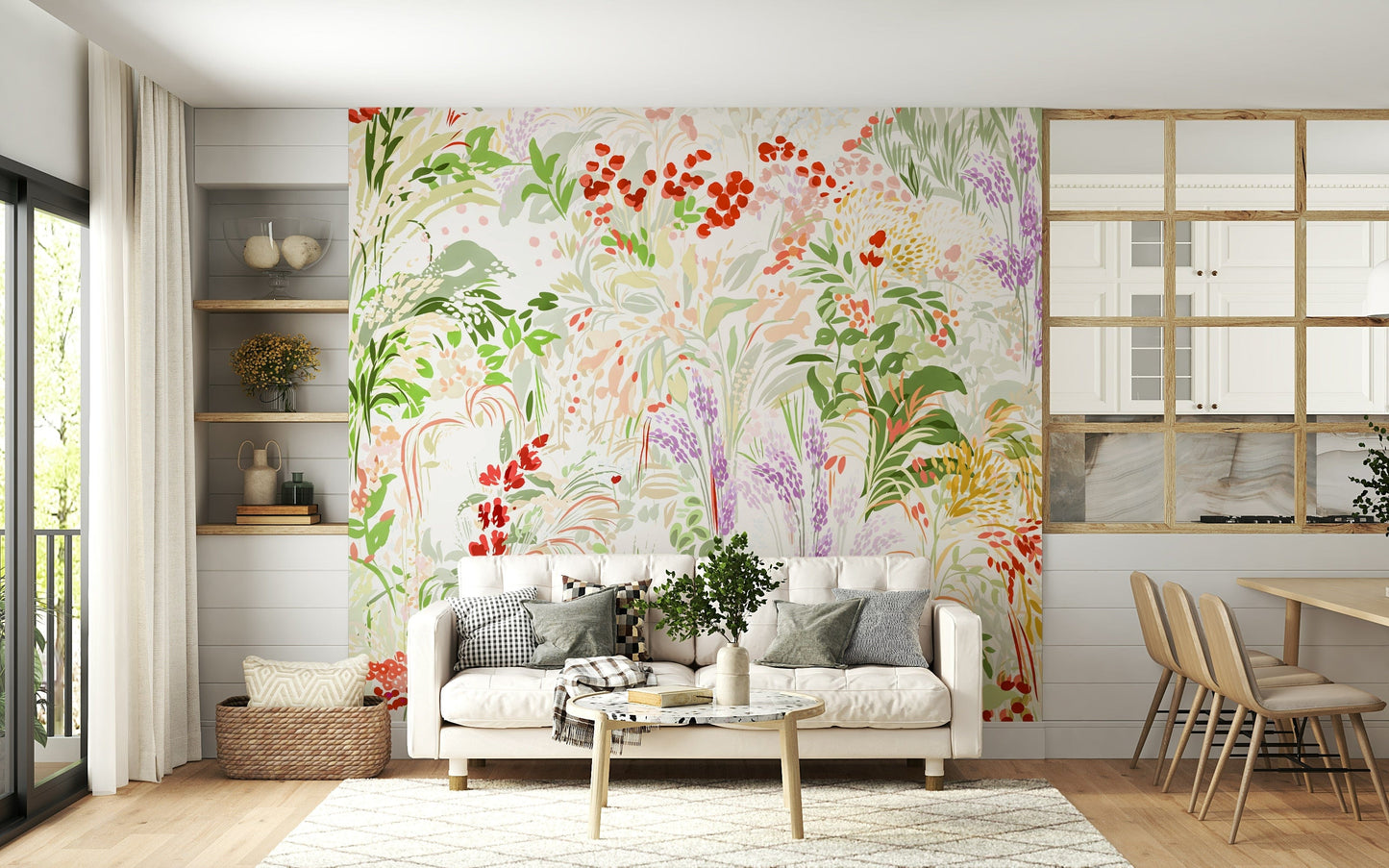 Painterly Meadow Wall Mural Luminous botanical tapestry of flowers.