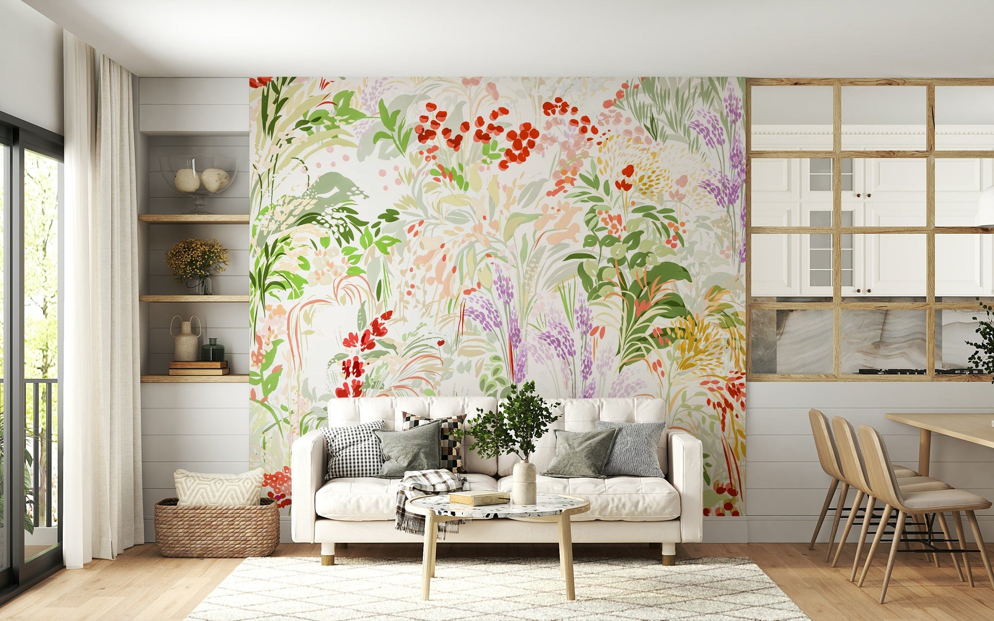 Painterly Meadow Wall Mural Luminous botanical tapestry of flowers.