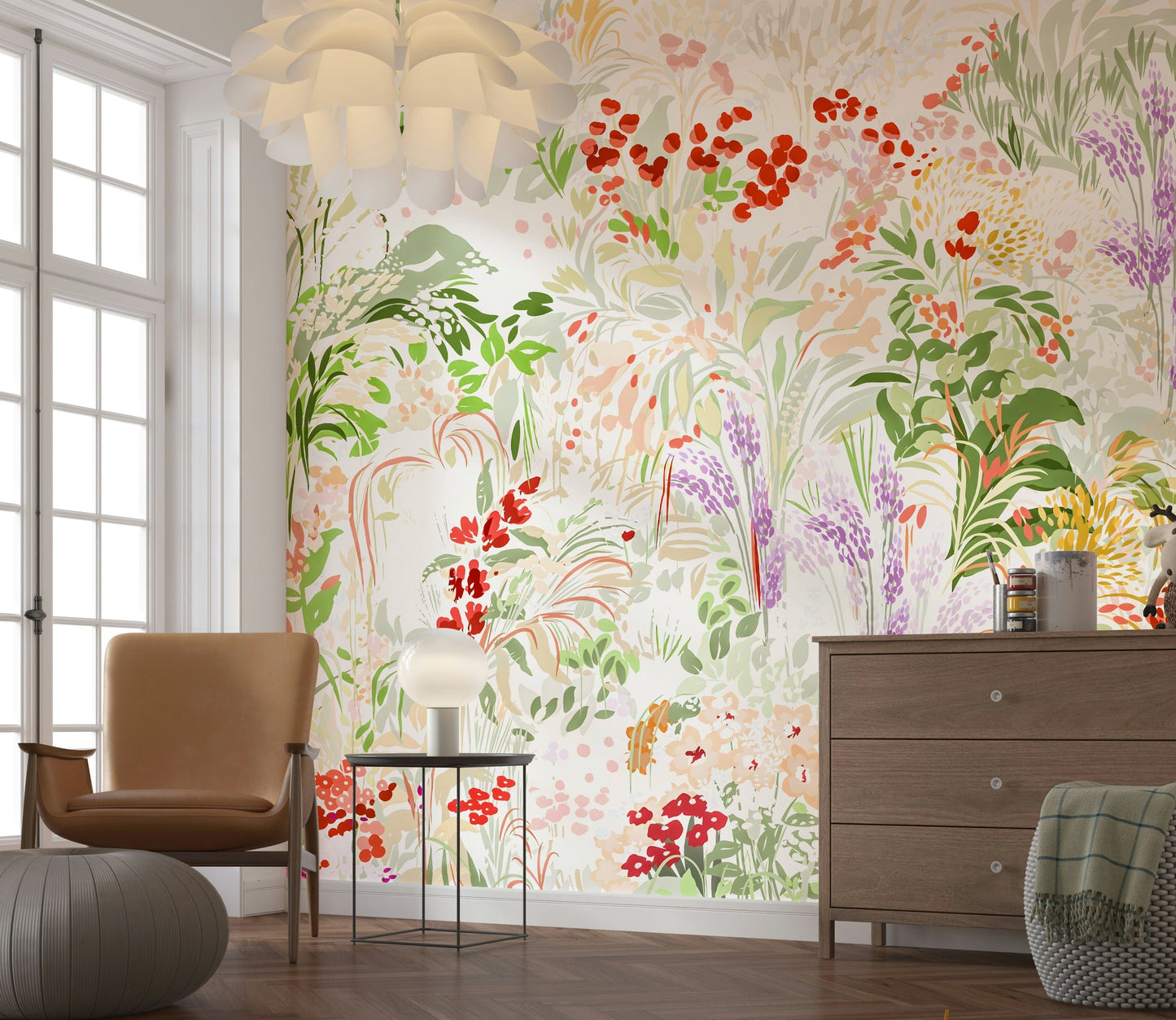 Whimsical wall mural of verdant meadow, Painterly Meadow.