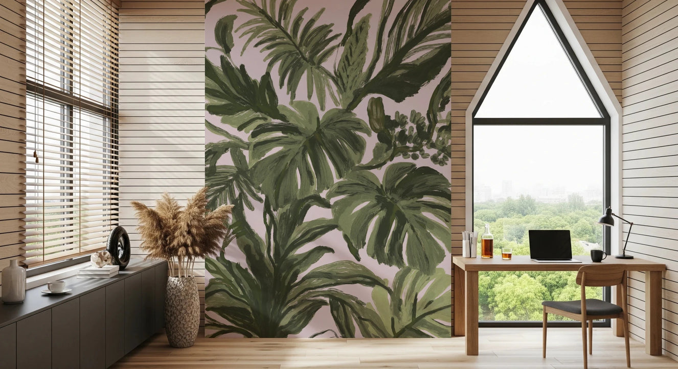 Office area featuring Painterly Palms Blush Tropical Foliage Wall Mural