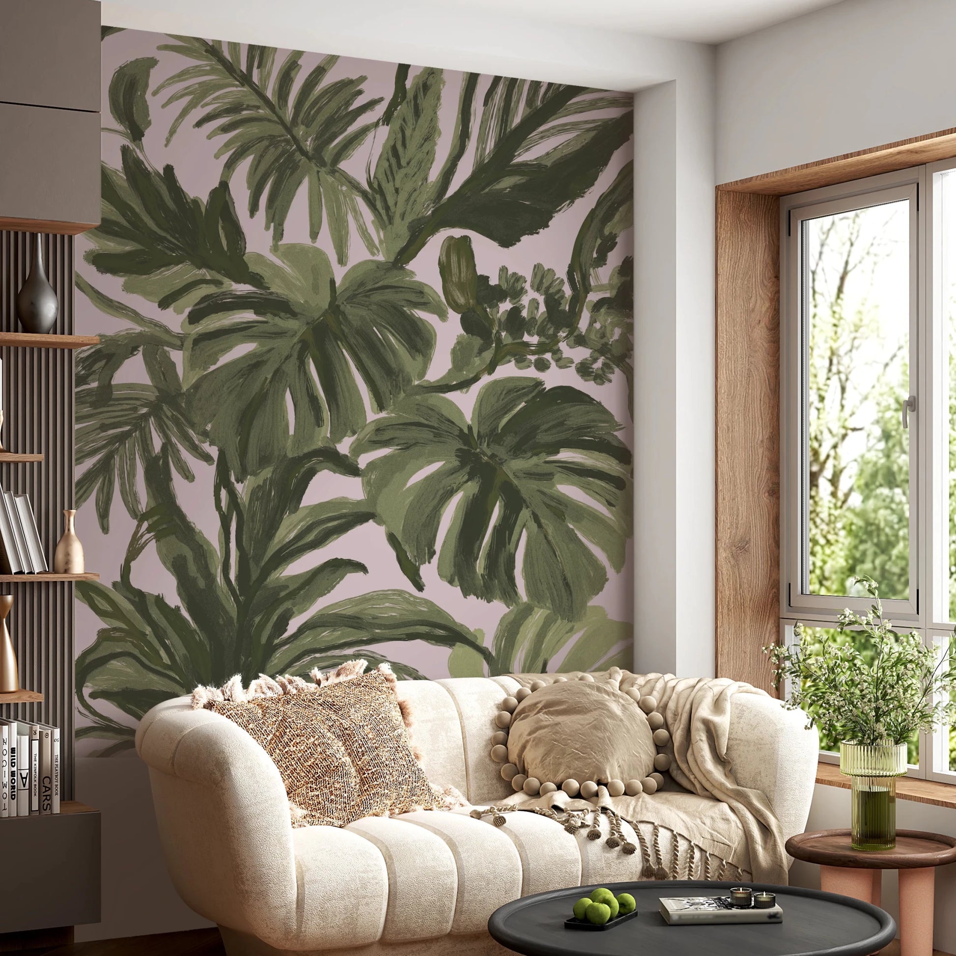 Artistic tropical wall mural with broad leaves and textured painted detail