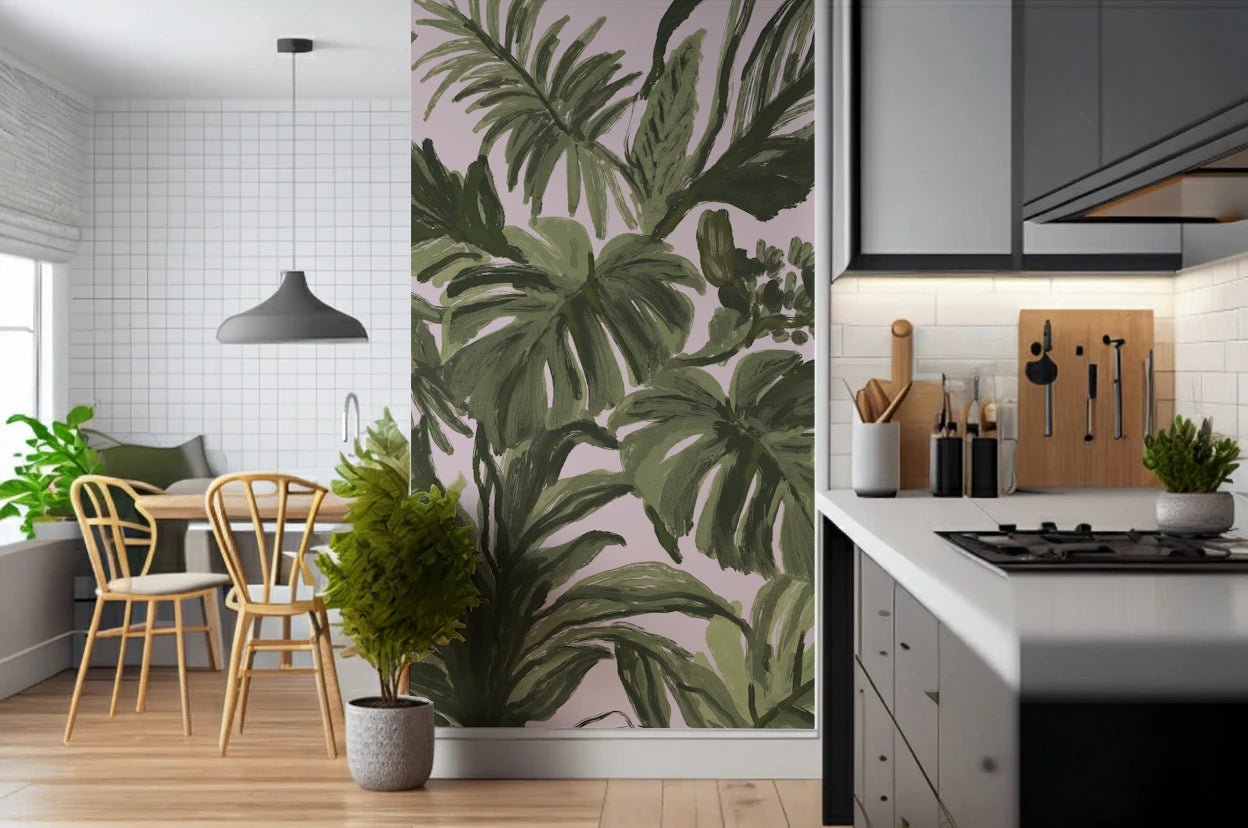 Hand-painted foliage mural with layered palms and muted blush background