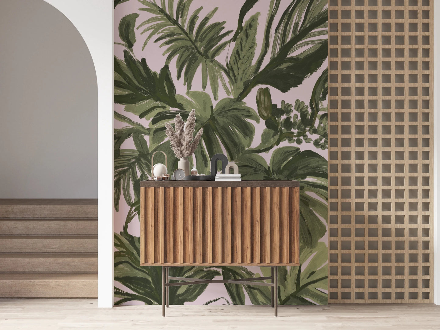 Entry hallway using Painterly Palms Blush Tropical Foliage Wall Mural