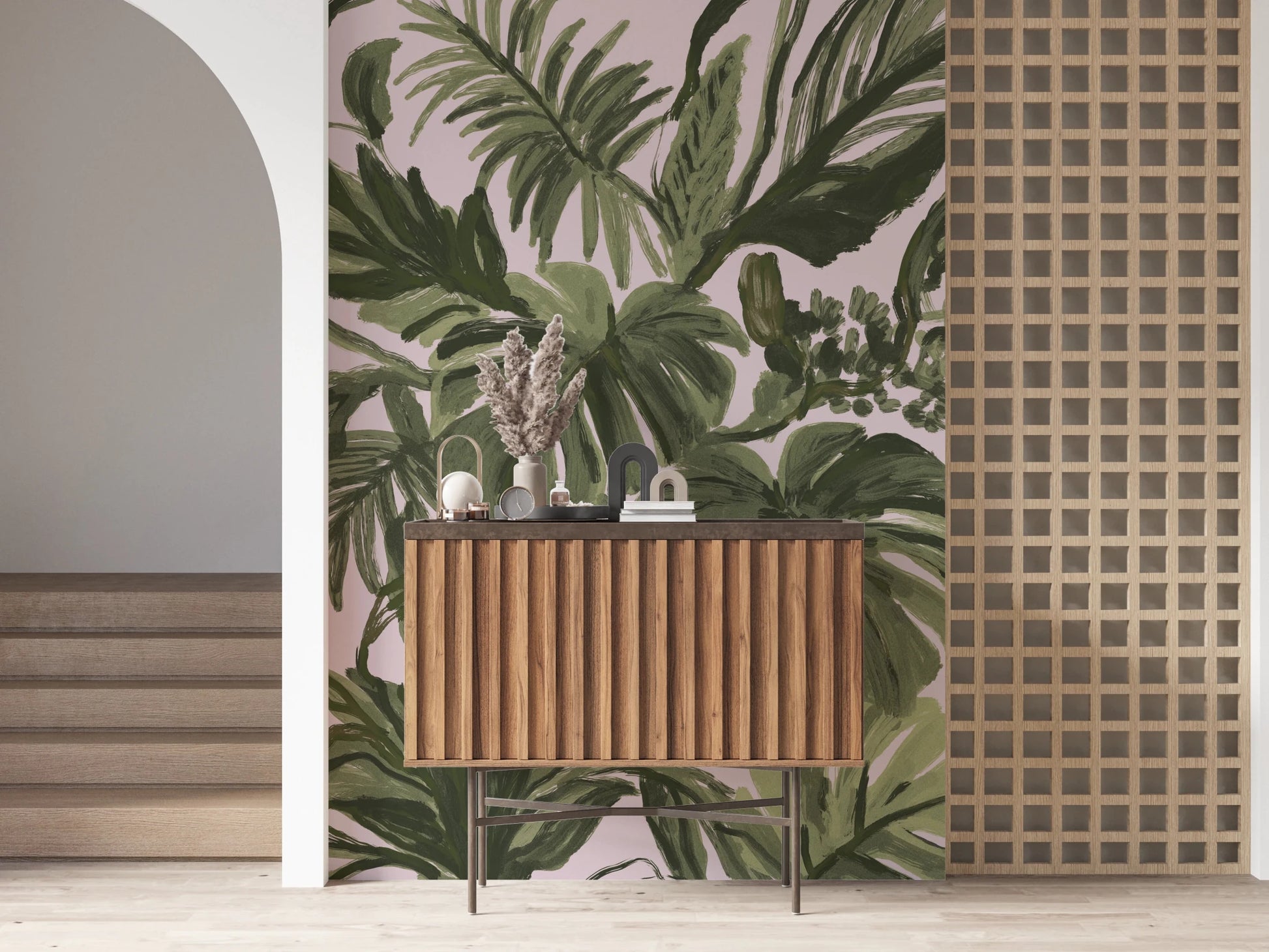 Entry hallway using Painterly Palms Blush Tropical Foliage Wall Mural