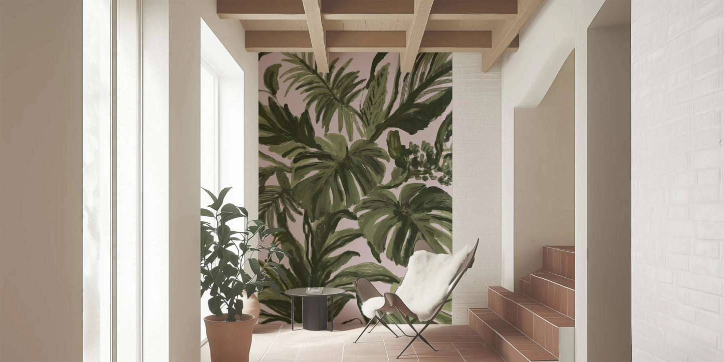Blush backdrop mural with sweeping foliage and soft tropical movement