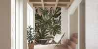 Blush backdrop mural with sweeping foliage and soft tropical movement
