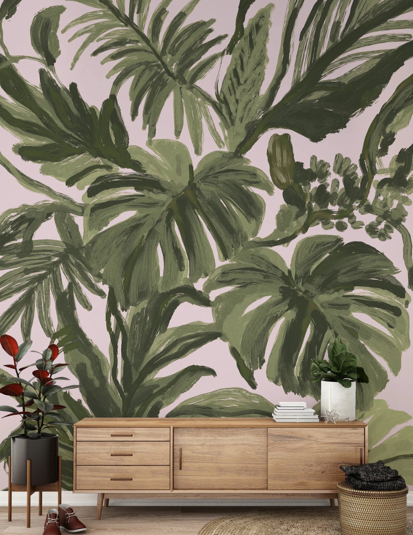 Hallway wall with Painterly Palms Blush Tropical Foliage Wall Mural