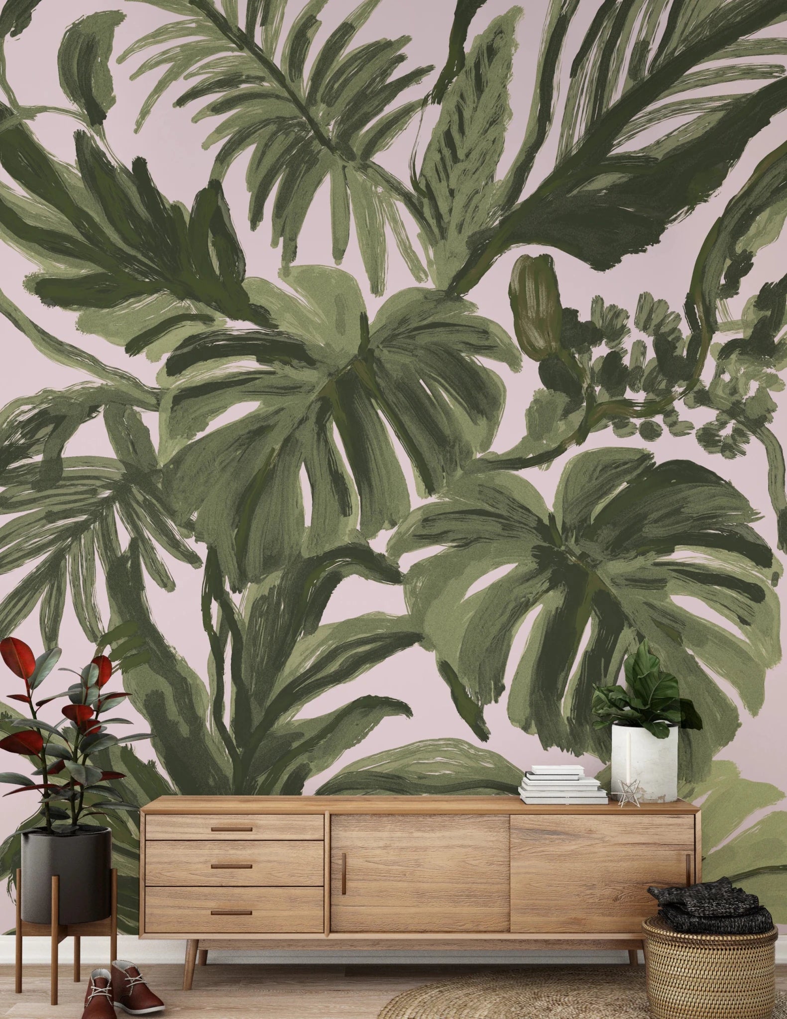Hallway wall with Painterly Palms Blush Tropical Foliage Wall Mural