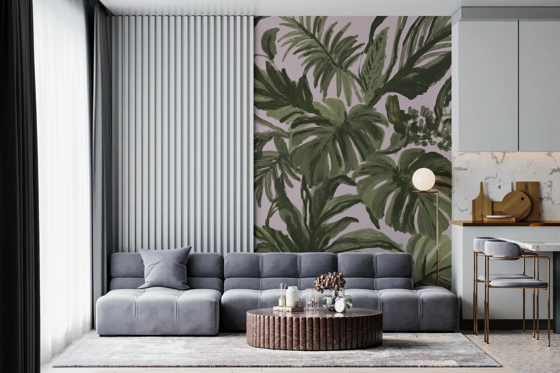 Home office styled with Painterly Palms Blush Tropical Foliage Wall Mural