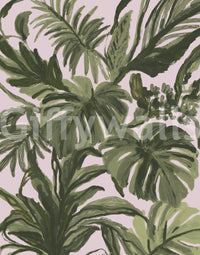 Painted palm foliage mural with calm blush tones and leafy overlap