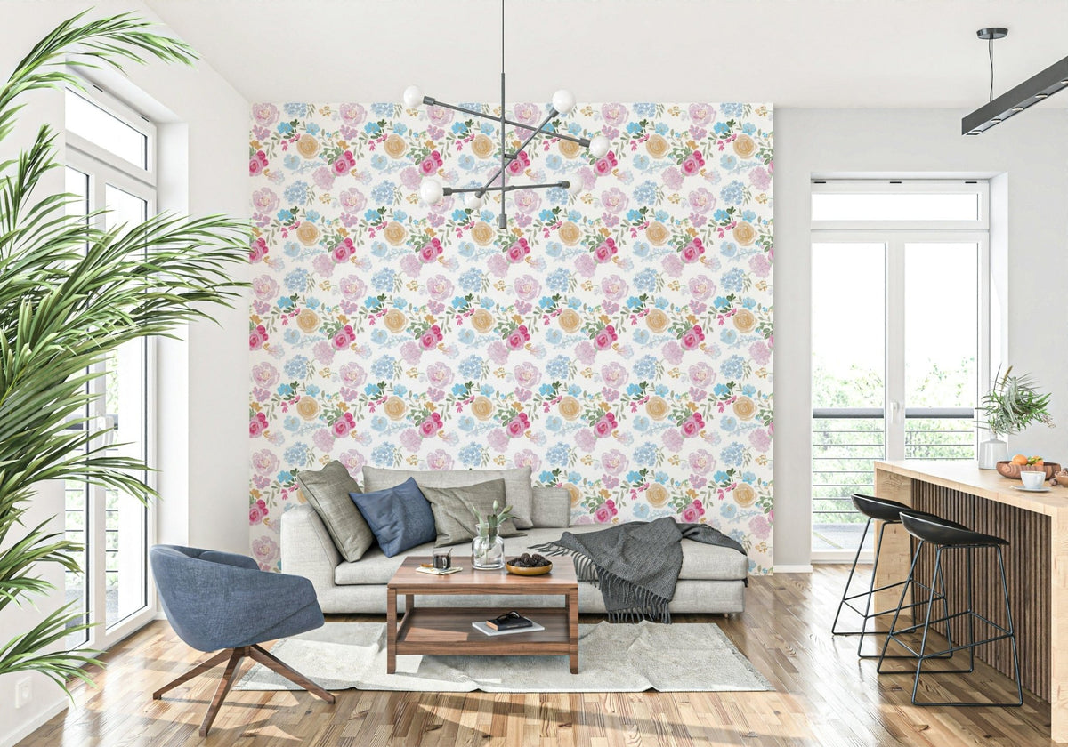 A beautiful soft, oil-painted impasto floral wallpaper mural with subtle texture., GD5975