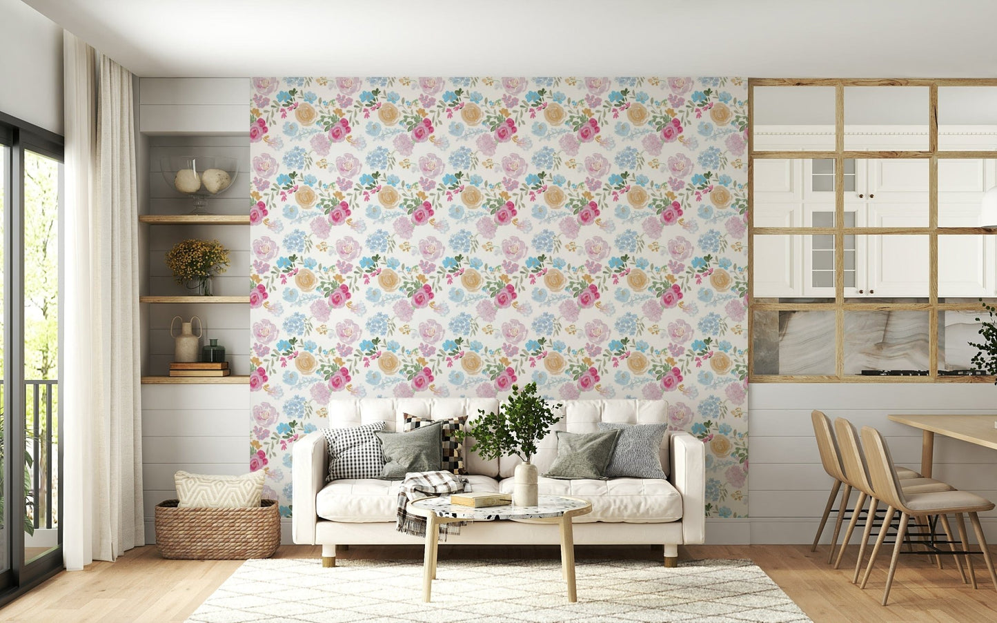 A graceful subtle flower wall mural in soft, pastel tones.