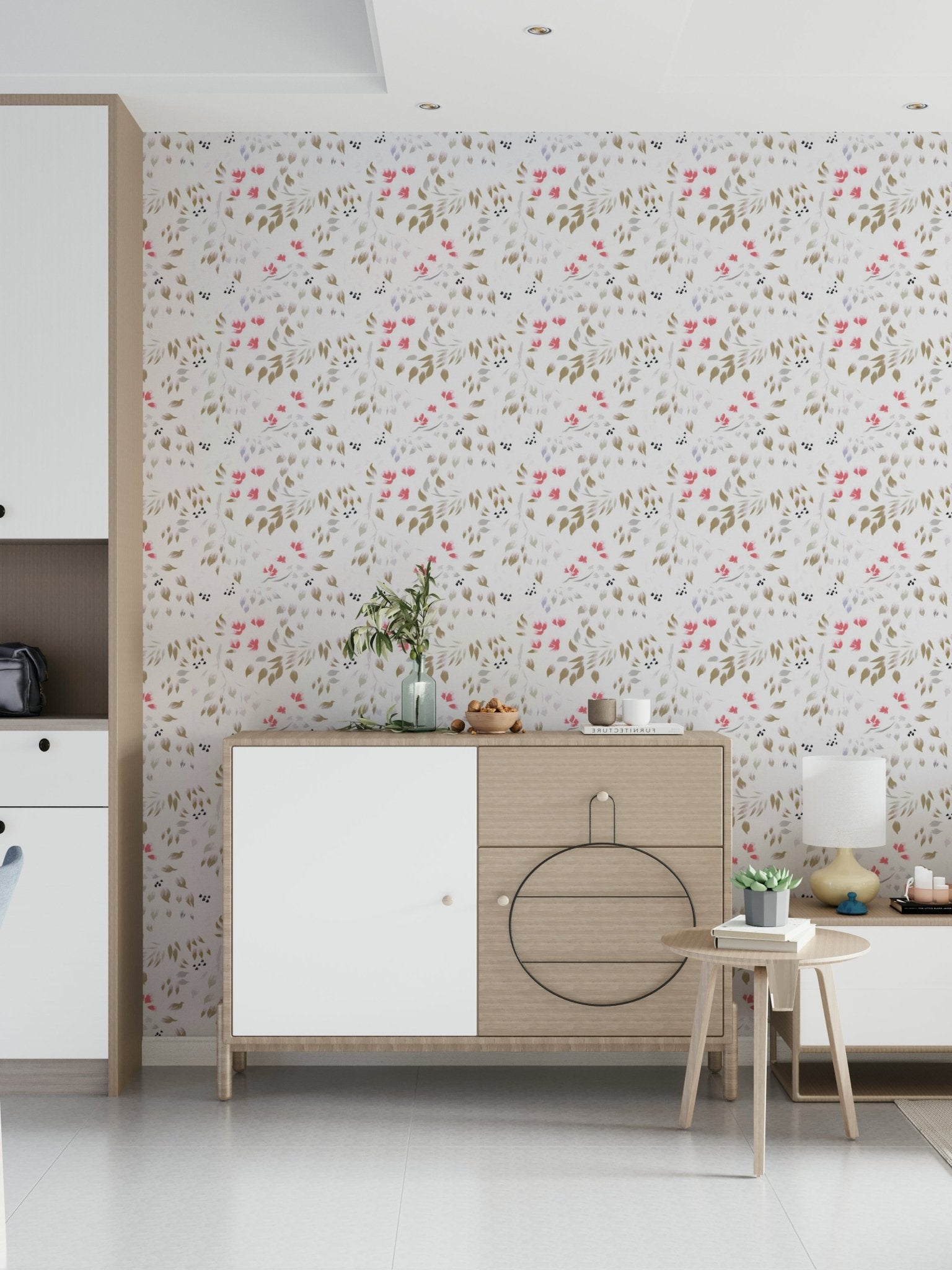 Living room feature wall showcasing Painterly Petals Wallpaper design., GD6257