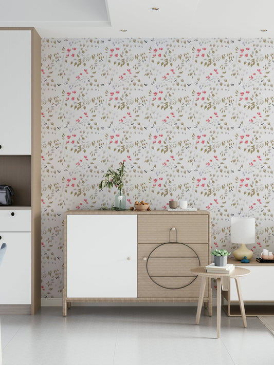Living room feature wall showcasing Painterly Petals Wallpaper design.