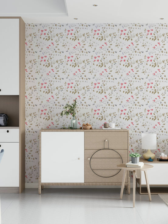 Living room feature wall showcasing Painterly Petals Wallpaper design., GD6257