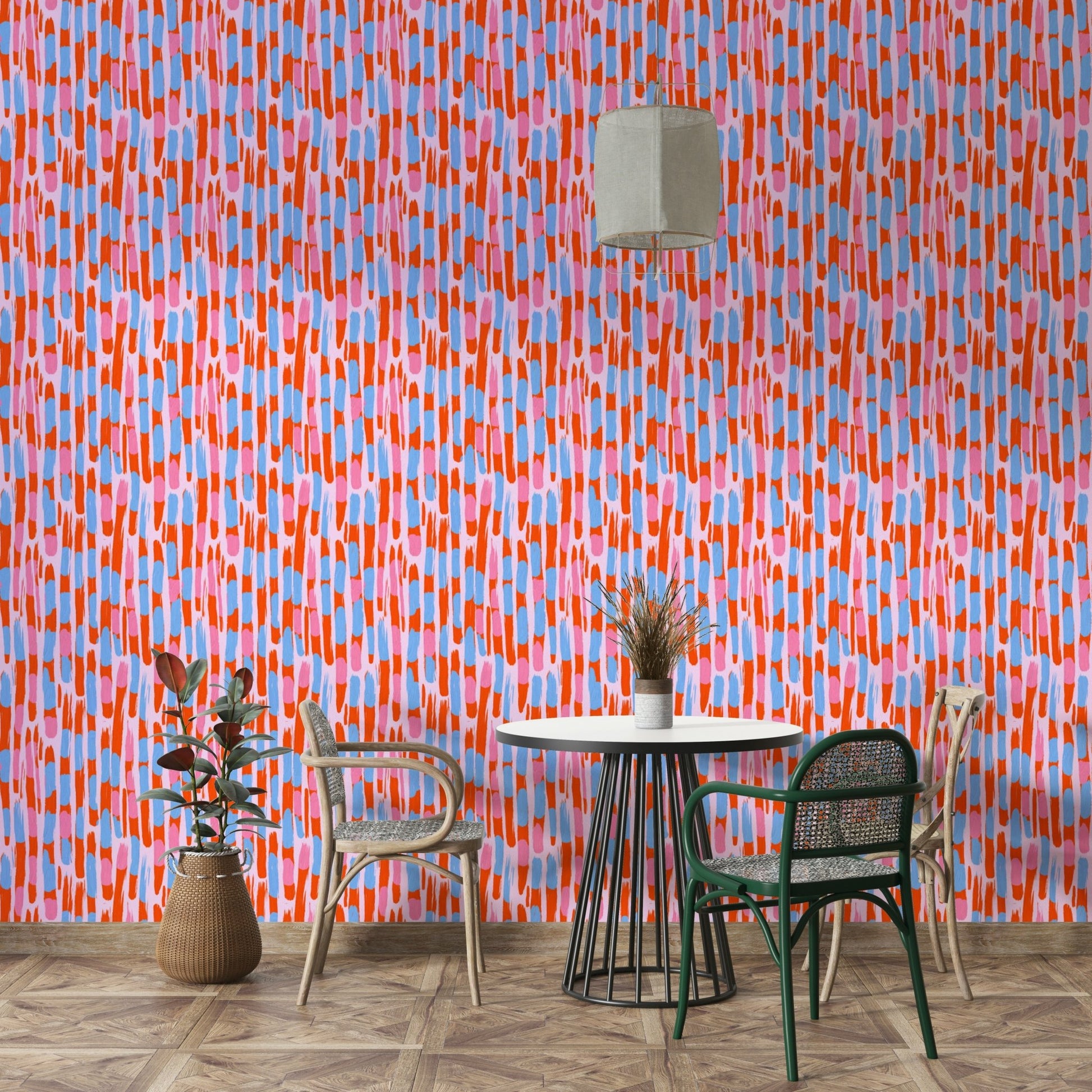 The wallpaper is used to create a feature wall in a dining room., GD4667