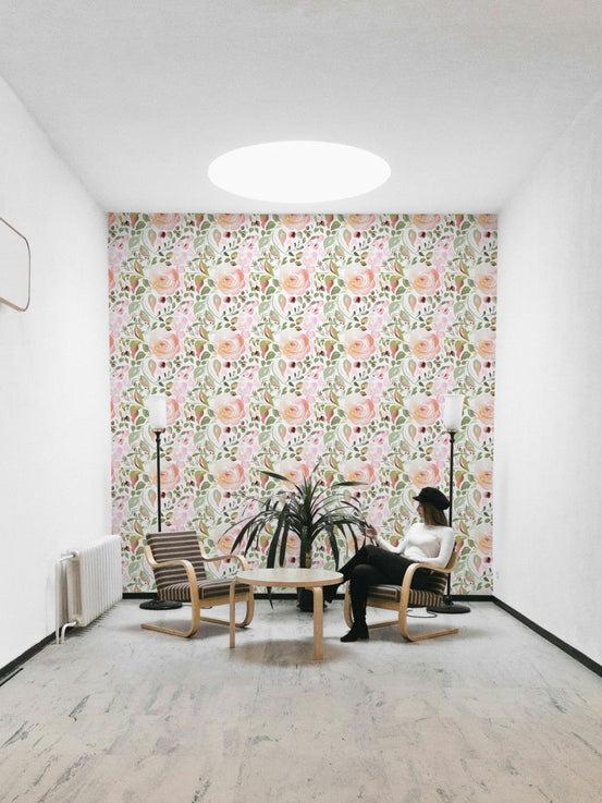 Painterly Rose Garden wallpaper blooming with blush roses and sage leaves GD4907
