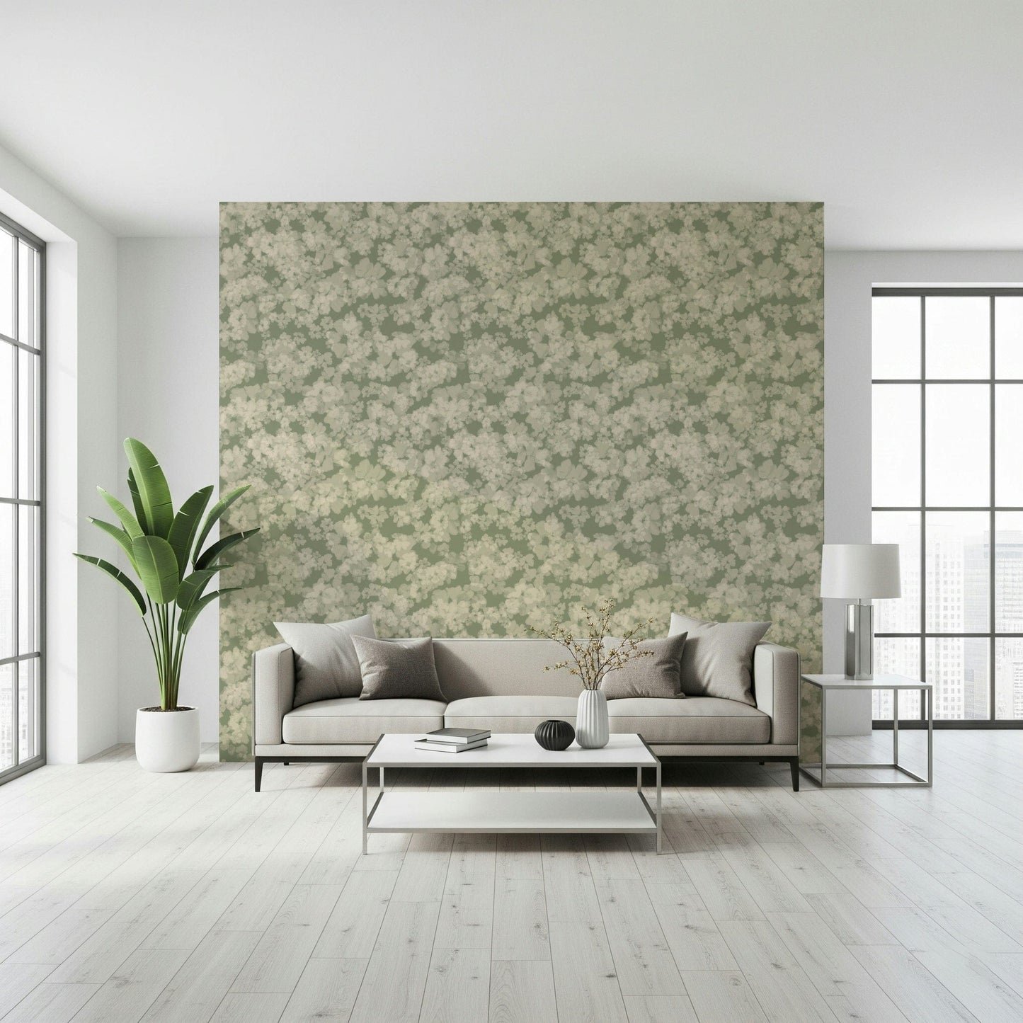 Monochromatic Soft Blossom wallpaper design with layered flowers.