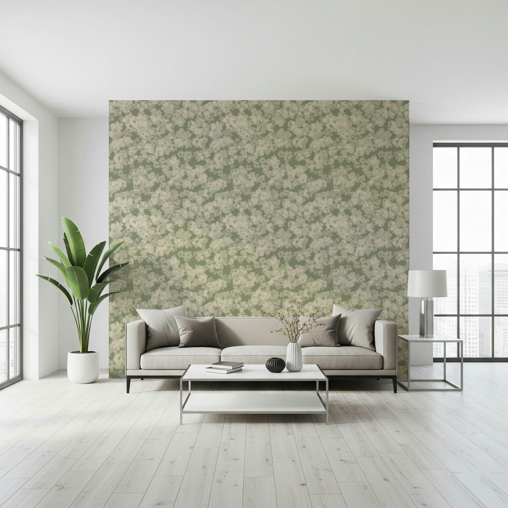 Monochromatic Soft Blossom wallpaper design with layered flowers.