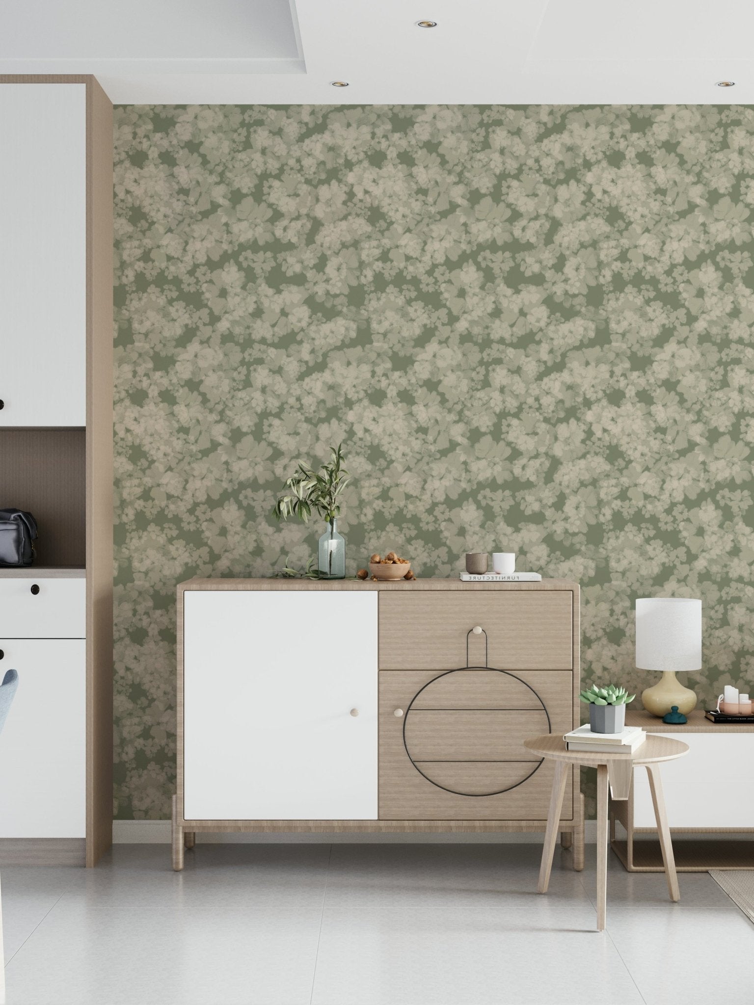 Painterly soft blossoms wallpaper, artistic floral motif, muted sage green., GD6869