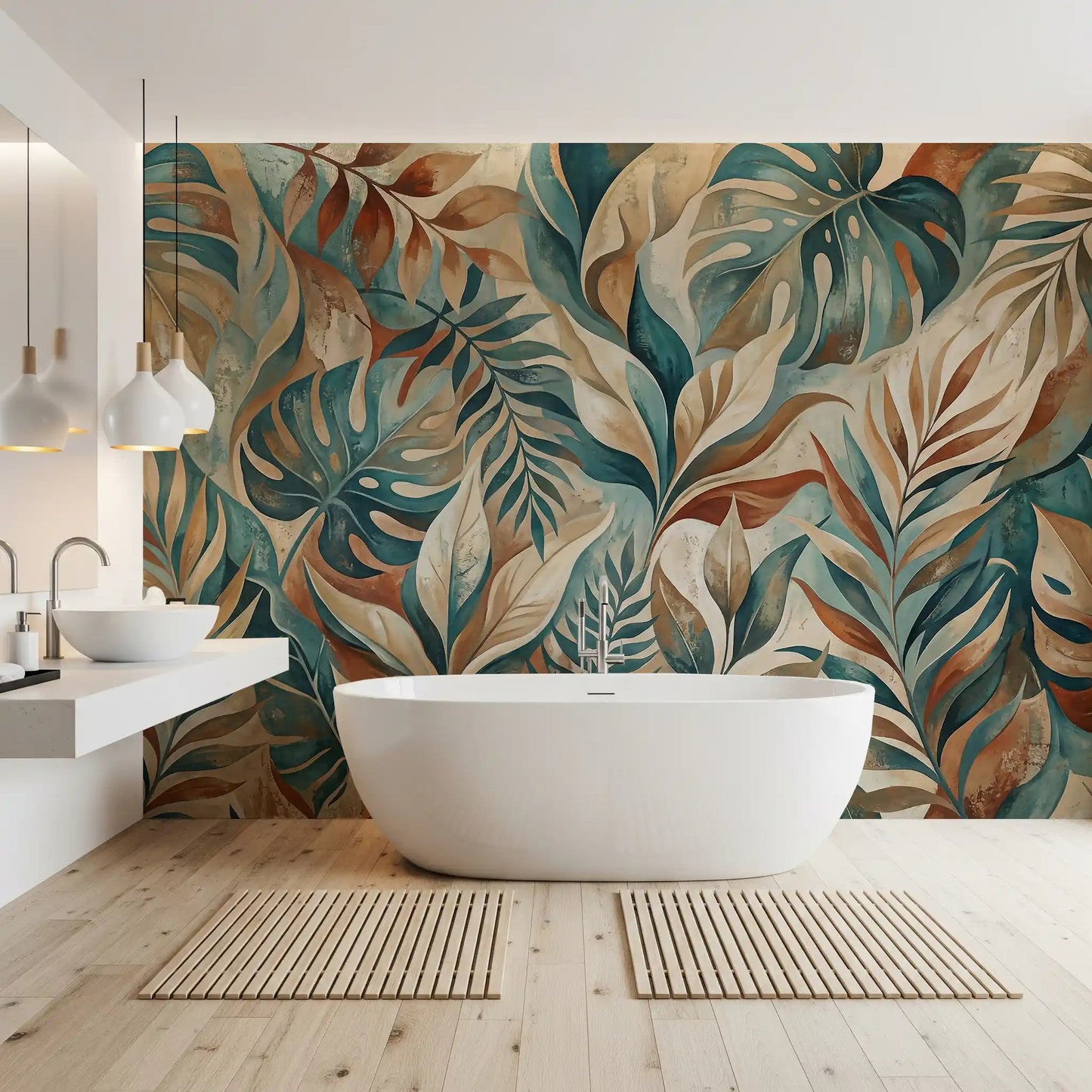 Bathroom feels calmer next to the teal-and-rust tropical wall mural
GD9567