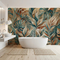 Bathroom feels calmer next to the teal-and-rust tropical wall mural
GD9567